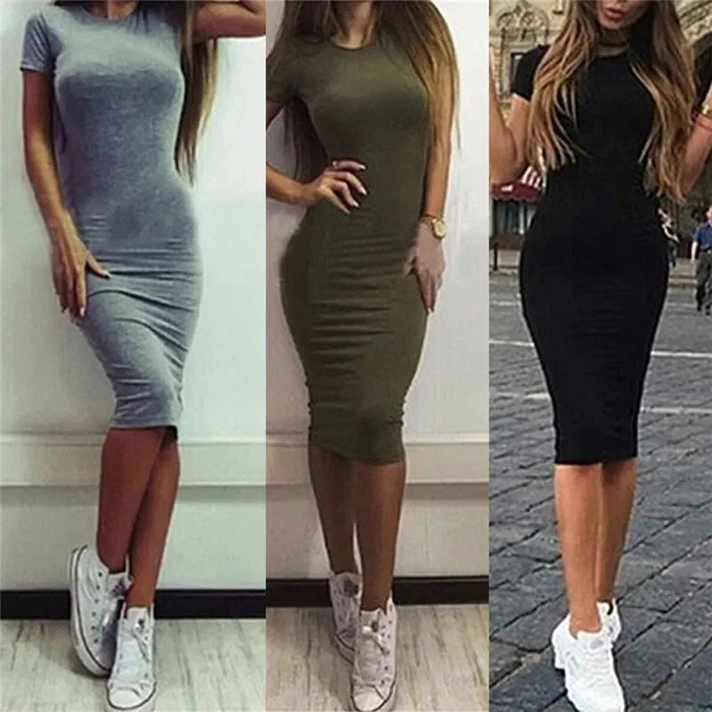 Summer Women Dresses Knee-Length Shinny Casual Short Sleeve Bandage Bodycon Sheath Dress Vestidos Viralgem Store