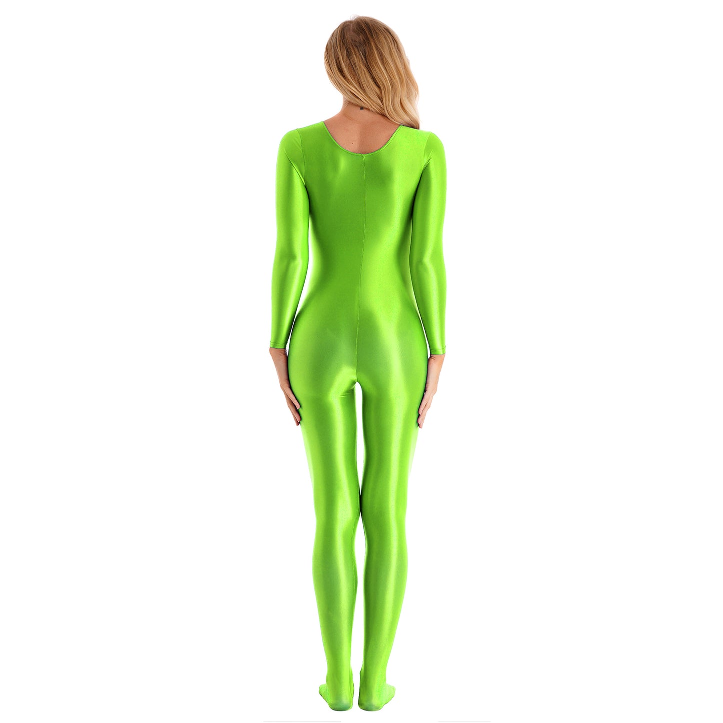 Womens Oil Glossy Bodysuit One Piece Swimwear Long Sleeve Teddies Stretchy Jumpsuit Bodystocking Rave Party Clubwear Swimwear