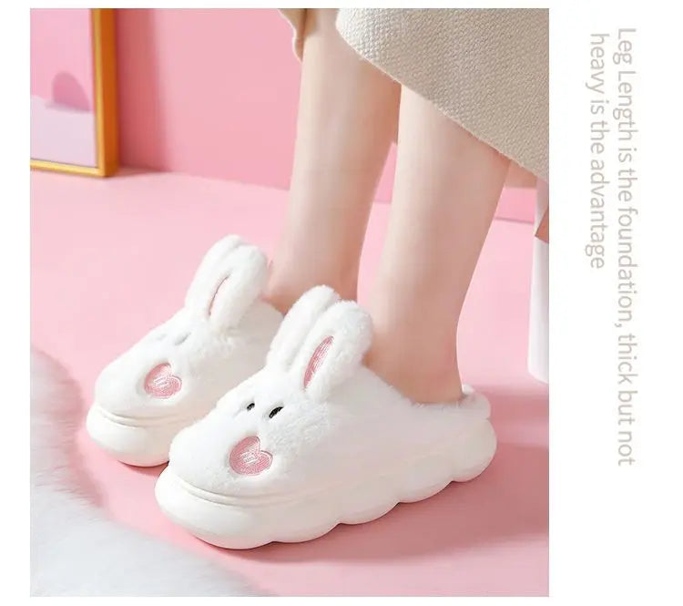 8 cm High platform fur slippers women's winter fluffy ear home shoes woman white bunny rabbit slippers woman house clog shoes