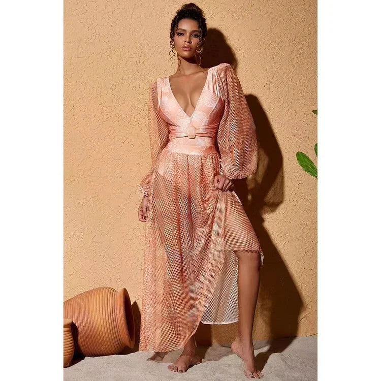 2024 V Neck Shell Print Decor Long Sleeve One Piece Swimsuit and Skirt  Clearance Wholesale Bodysuit Dress