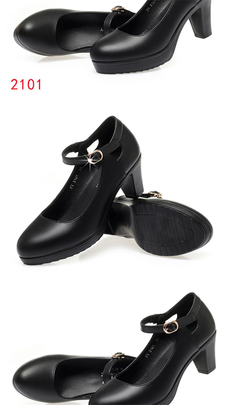 Spring Soft Leather Shoes Women Round Toe Platform Pumps Thick Heel Fashion Temperament Elegant Black Work Single Shoes Viralgem Store