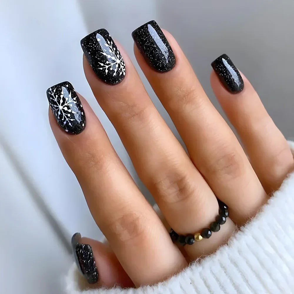 24Pcs Short Square Sweet Cool False Nails Black Flower Wearable French Nails Press on Detachable Autumn Winter Acrylic Nail Tips Viralgem Store
