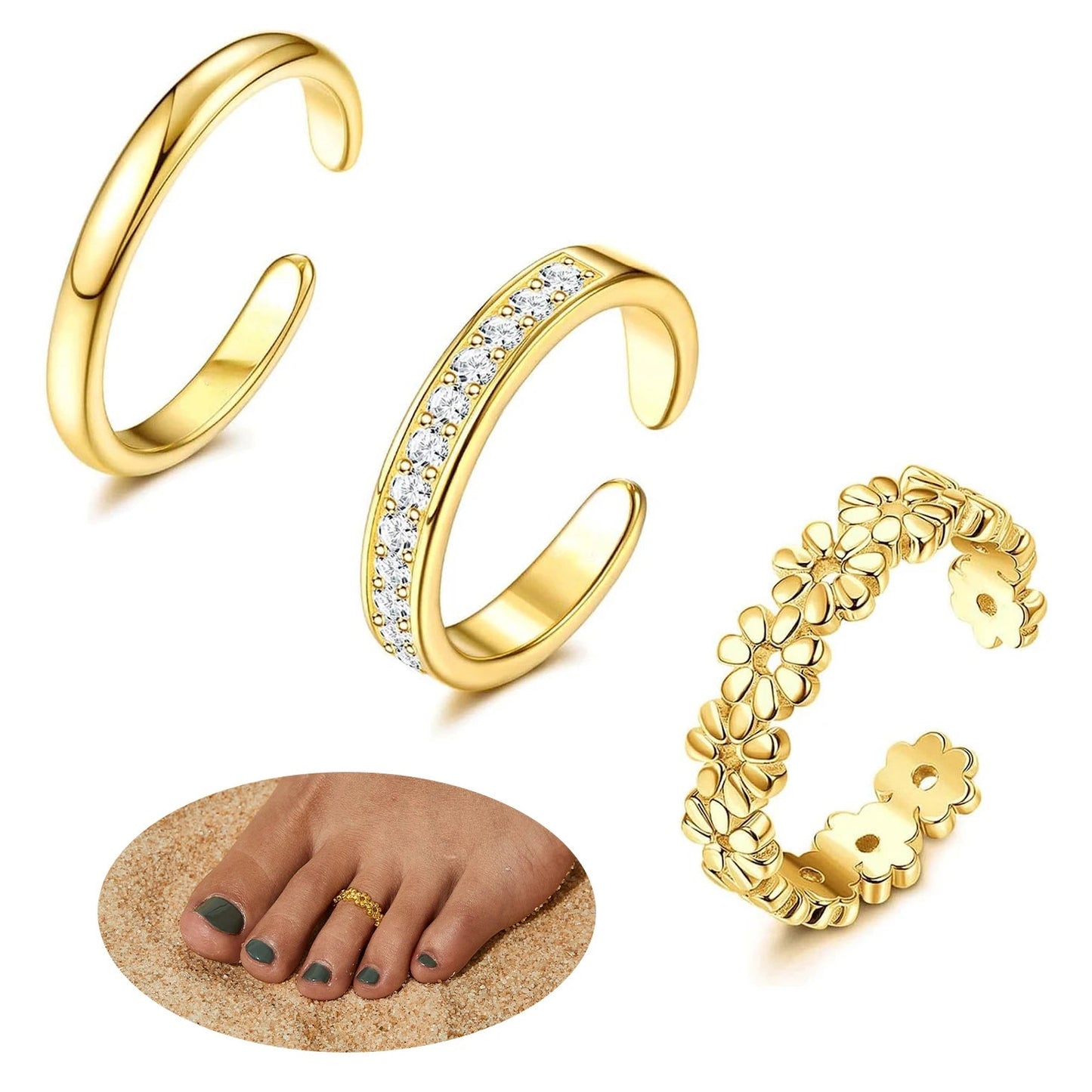3pcs Fashionable Luxurious Open Adjustable Zircon Foot Ring Women's Beach Vacation Foot Joint Ring Toe Ring Set Jewelry Viralgem Store