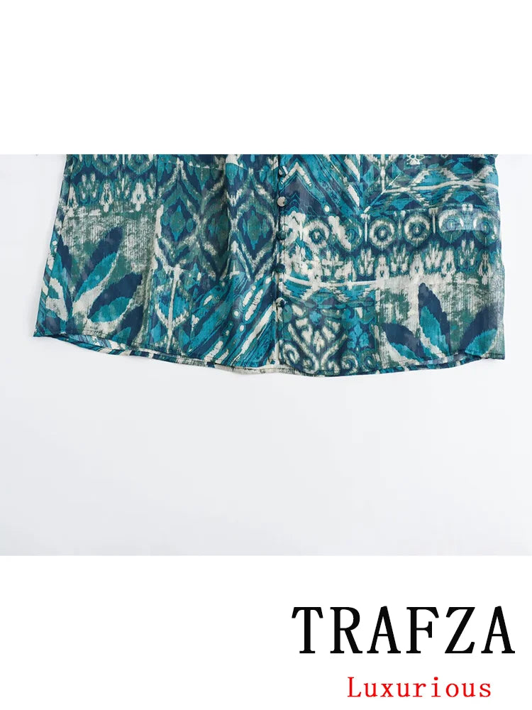 TRAFZA Vintage Casual Chic Print Women Suit O-Neck Single Breasted Blouse Loose Long Straight Skirt Fashion 2024 Boho Set