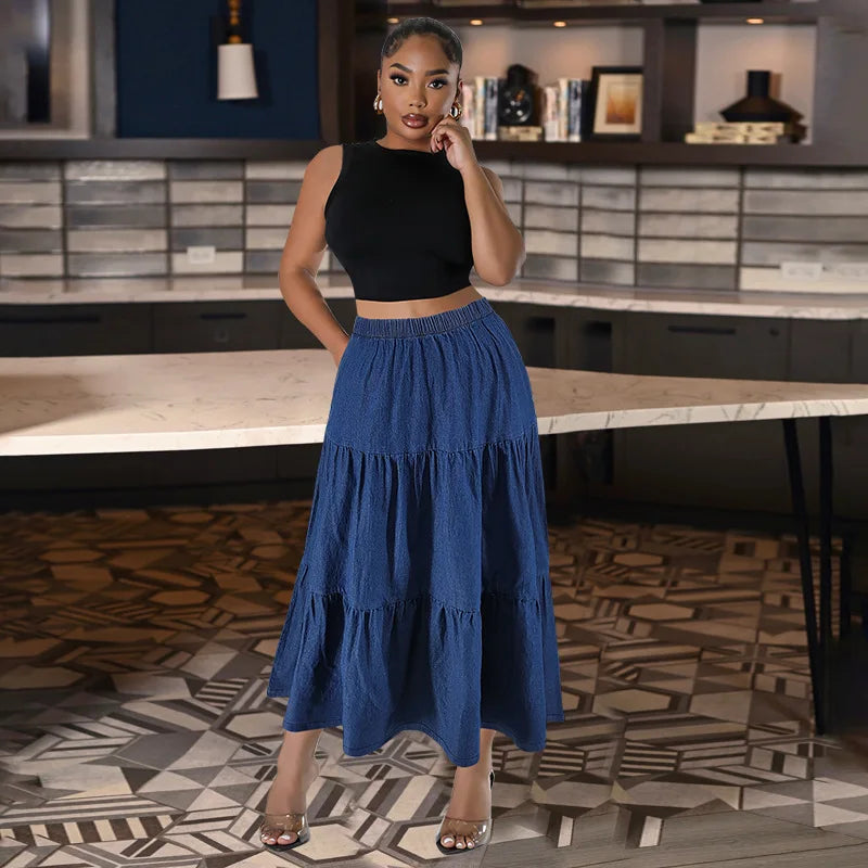 XL-5XL Plus Size Clothes 2024 Women's Button A-line High Waist Denim Skirt Office Lady Midi Jean Skirts Autumn Winter Skirt