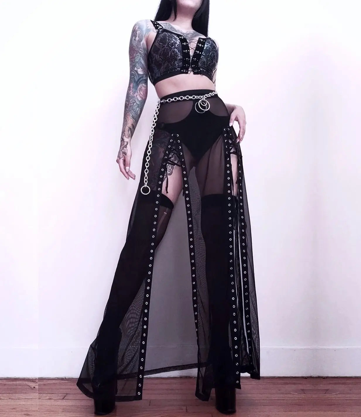 Yangelo Goth Grunge Skirt With Buckle Women Y2K Punk Sexy Bottoms Patchwork Split Long Skirts Summer Zipper See Through Clothes