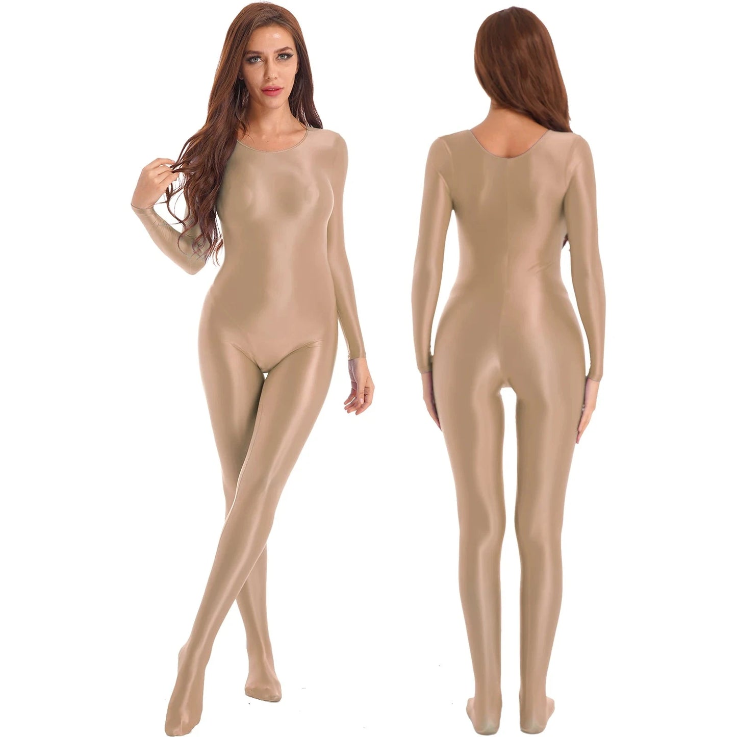 Women Shiny Oil Full Body Pantyhose Jumpsuit Long Sleeve Bodystocking Tights Yoga Gymnastics Unitard Leotard Athletic Catsuit Viralgem Store