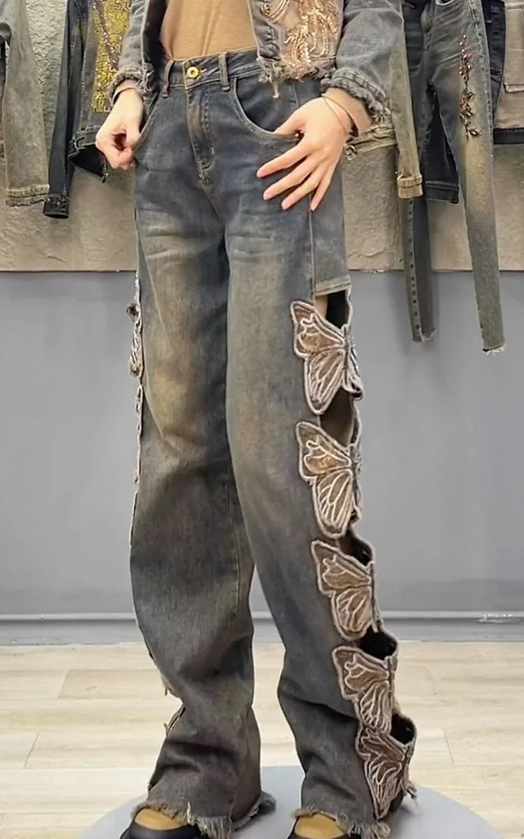 Summer Y2K Streetwear Harajuku Butterfly Decoration Denim Pants Women's High Waist Embroidery Loose Straight Hole Ripped Jeans