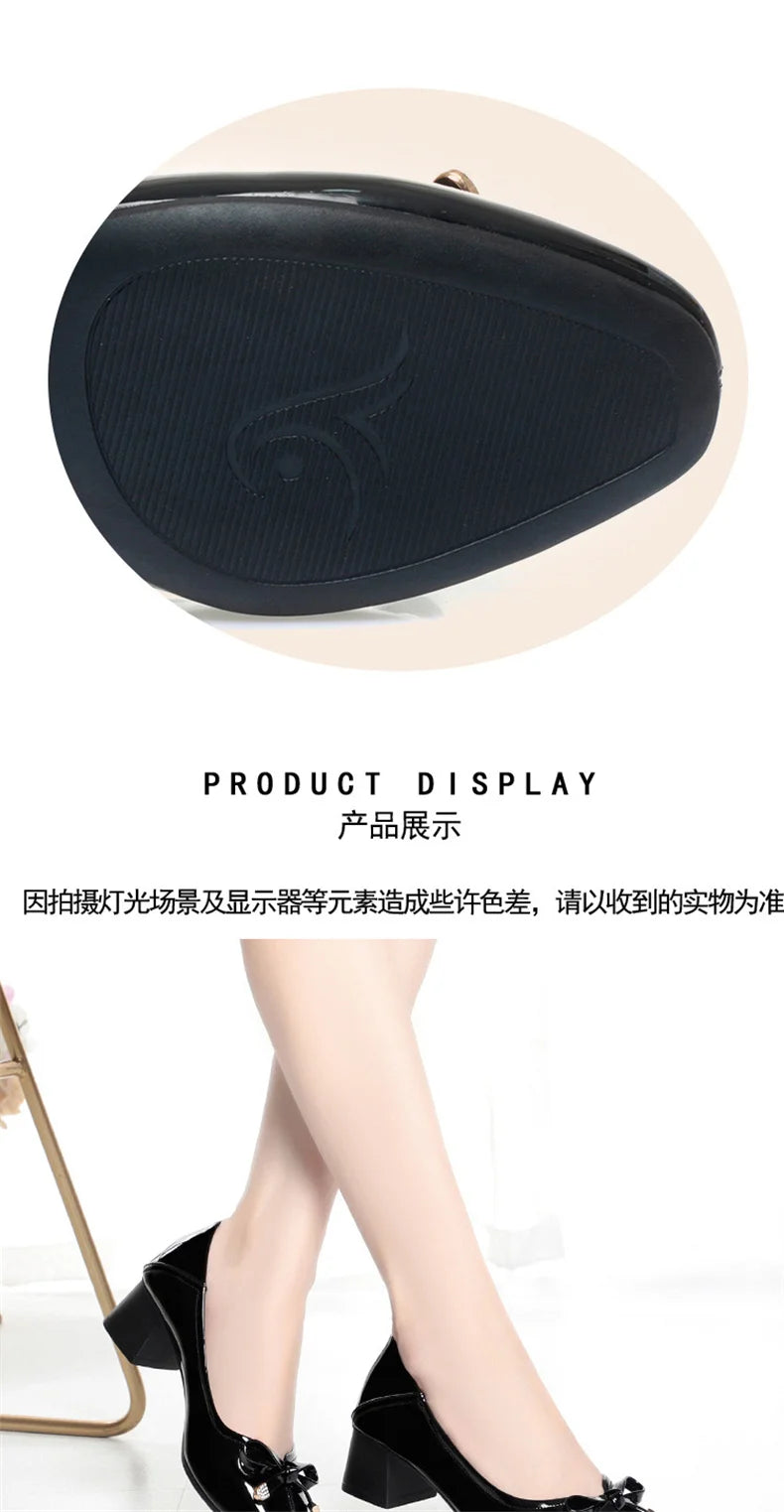 Spring New Comfort Soft Bottom Round Toe Solid Ballet Shoes Low Heel Bow Pumps Low Top Flat Patent Leather Single Shoes Viralgem Store