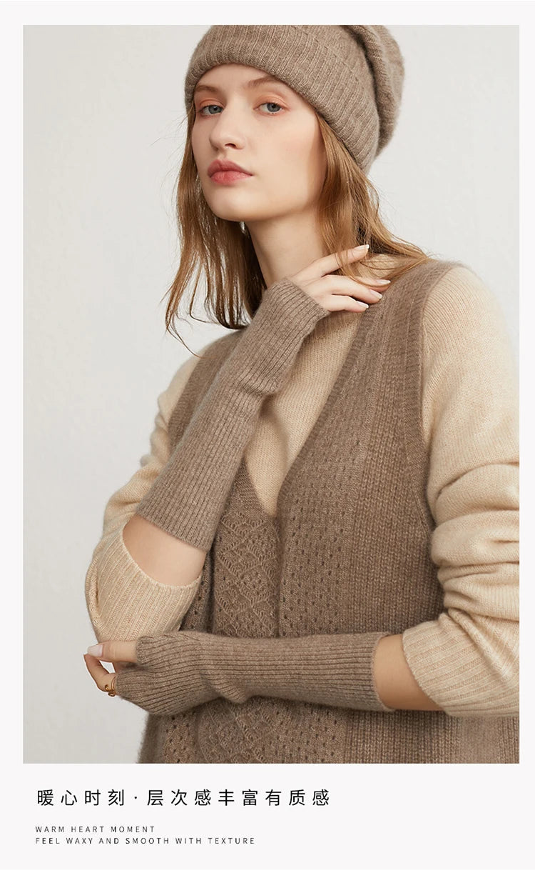 Winter Women 100% Cashmere Long Mitts 25cm Fine Knitted Fingerless Gloves Y2k Thermal Gloves Semi Finger Lengthen Arm Warmers Viralgem Store