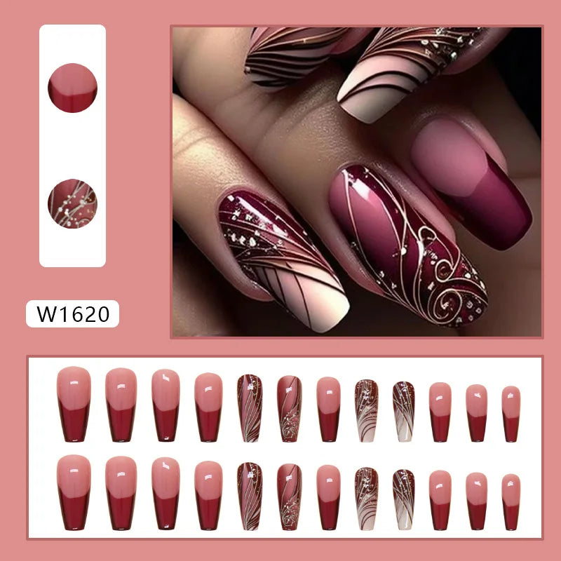 24Pcs Ladder-shaped Ballet False Nails with Glue Stripe Floral Nail Art Ombre French Press on Acrylic Nail Tips for Spice Girls