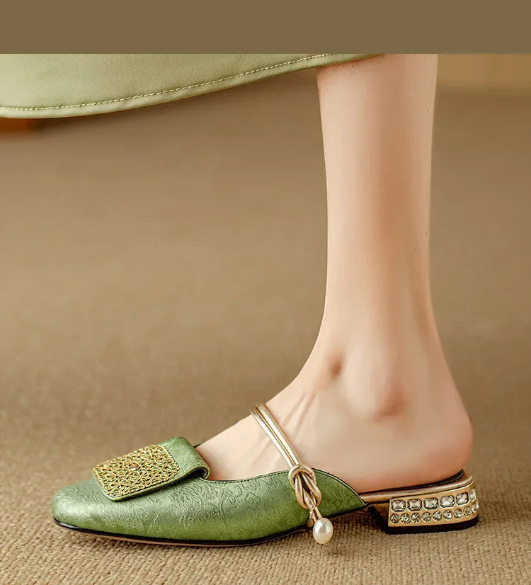2024 Summer Elegant Sandals Women New Rhinestones Fashion Dress Half Slippers Baotou Women's Temperament Chinese Style Slippers