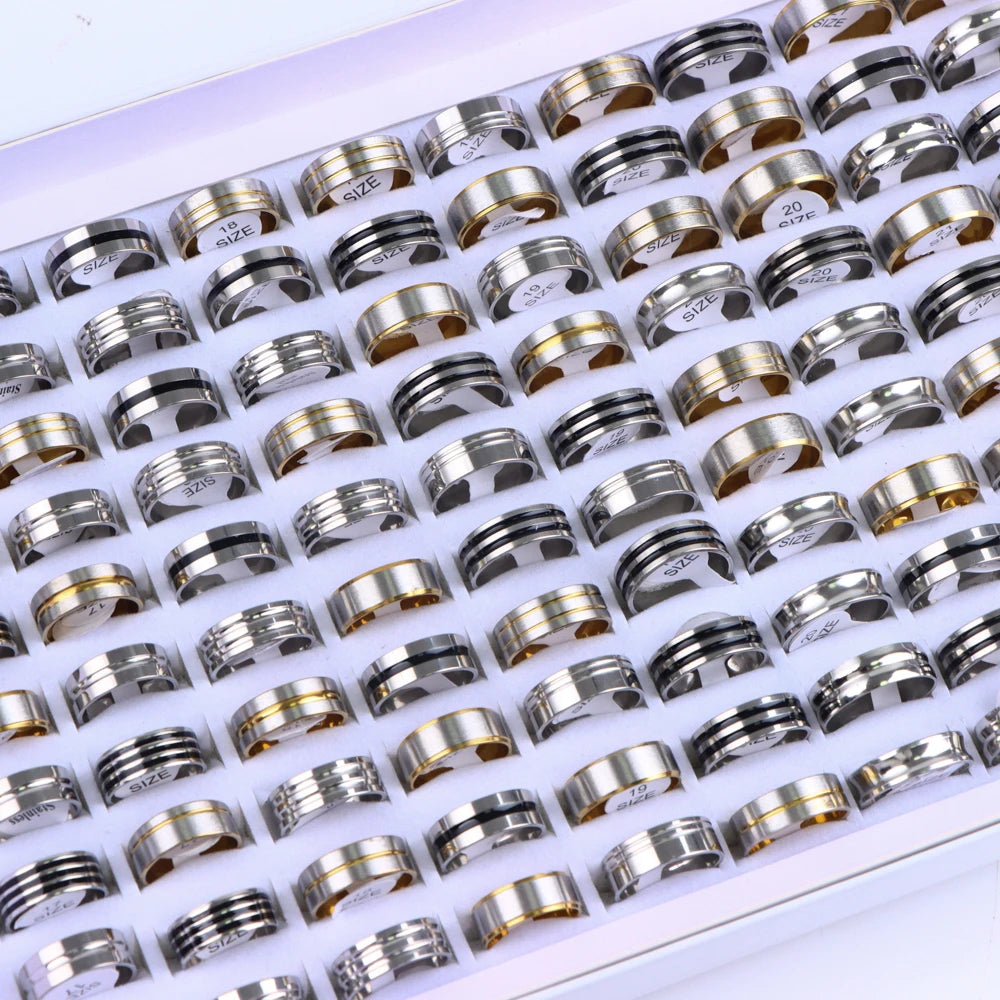 10/20/30/50Pcs Classic Fashion Stripe Hollow Colorful Sticker Stainless Steel Ring Trend Women Jewelry Party Decoration Gift