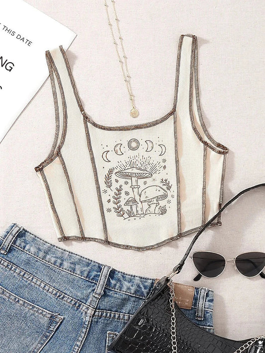 2000s Y2K Clothes High Street Plant Print Graphic Tank Top for Women Summer Grunge Sleeveless Square Neck Crop Top Streetwear Viralgem Store