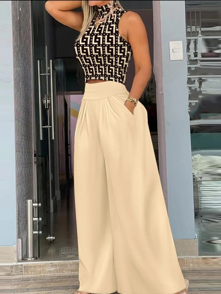 2025 Summer Fashion Printing Two Piece Set Women Casual Solid Sleeveless Tank Top Wide Leg Pants Two Piece Set Women Viralgem Store