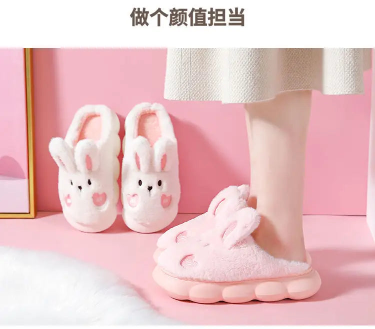 8 cm High platform fur slippers women's winter fluffy ear home shoes woman white bunny rabbit slippers woman house clog shoes