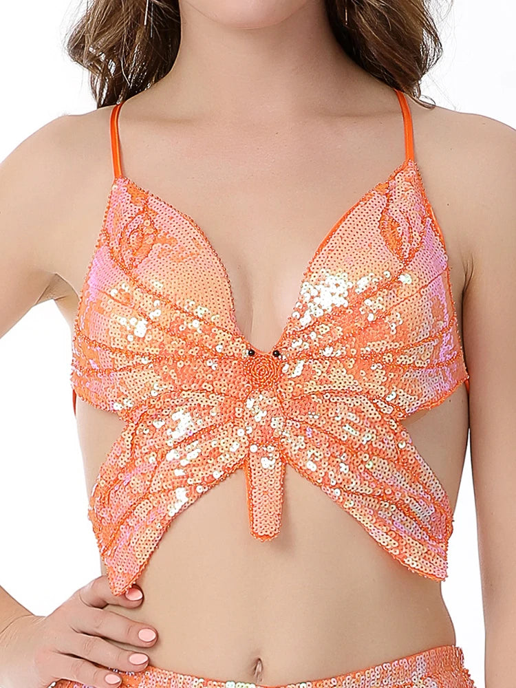 Women's Shimmer Sequin Crop Top Low-Cut Tube Top Sexy Butterfly Lace-up Tank Vest Top Rave Halloween Clubwear Camis