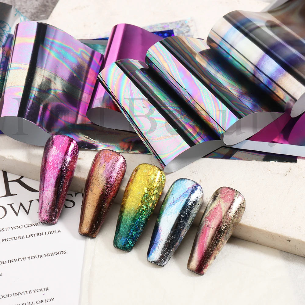 10Pcs Hologram Transfer Foil Nails Laser Stars Holographic Nail Stickers Mermaid Tail Sliders Metallic Gel Polish Wraps NLXKY01