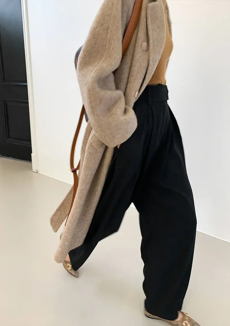 2024 Autumn Winter Wool Coat Women Double-breasted Solid Color Women's Double-sided Woolen Belt Coats Loose Warm Wool Jacket