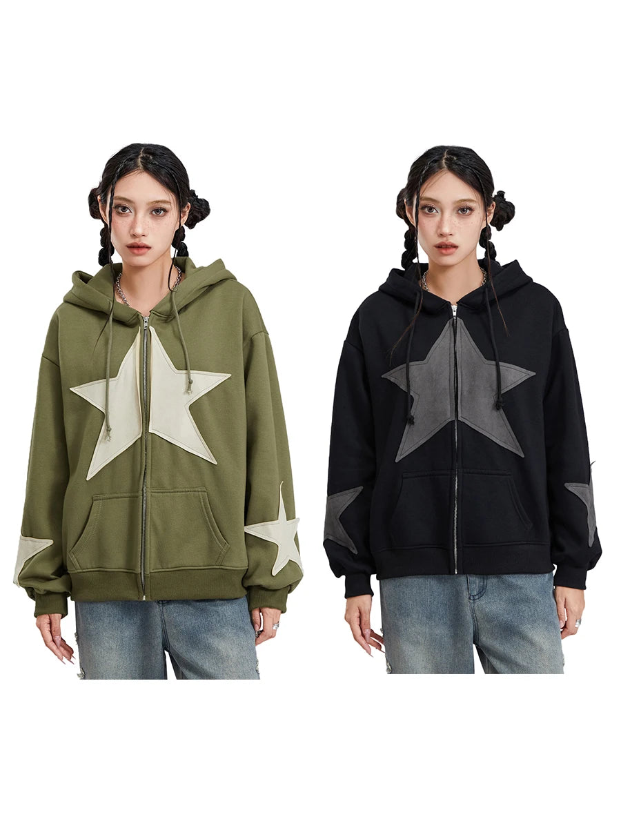 Women's Y2k Zip Up Hoodies Star Print Long Sleeve Graphic Hooded Jacket Aesthetic Oversized Coat Harajuku Streetwear