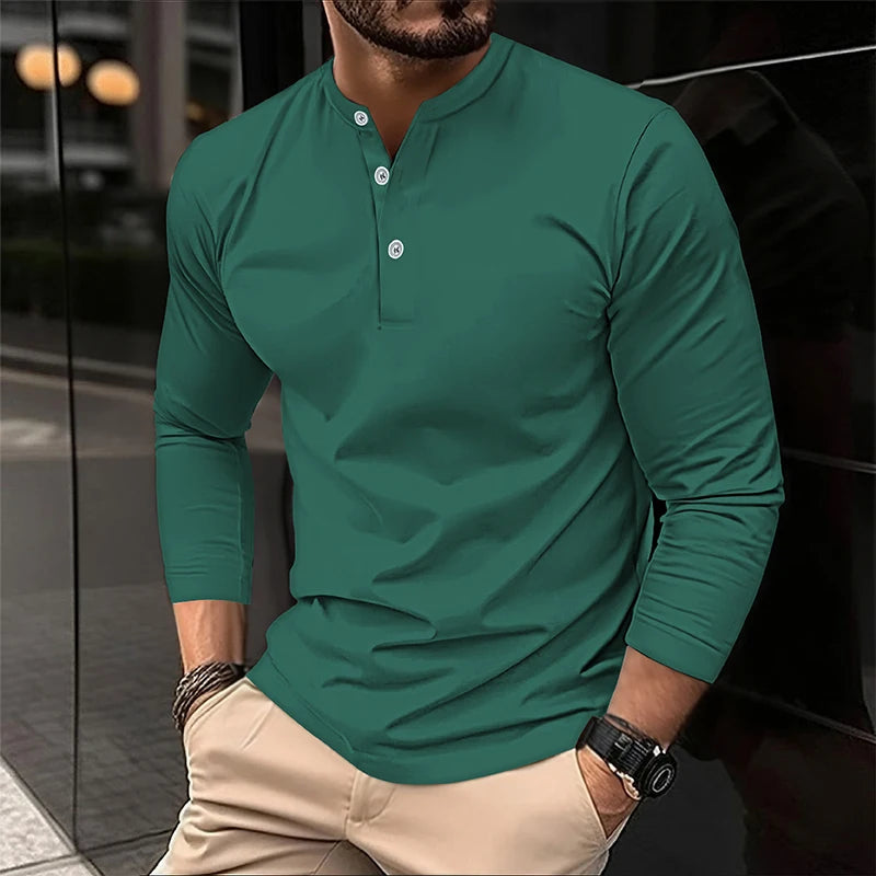 2025 Men's Summer Long Sleeve Henry Polo Casual Breathable Comfortable Polo Shirt Solid High Quality Male T-Shirt Dropshipping Viralgem Store