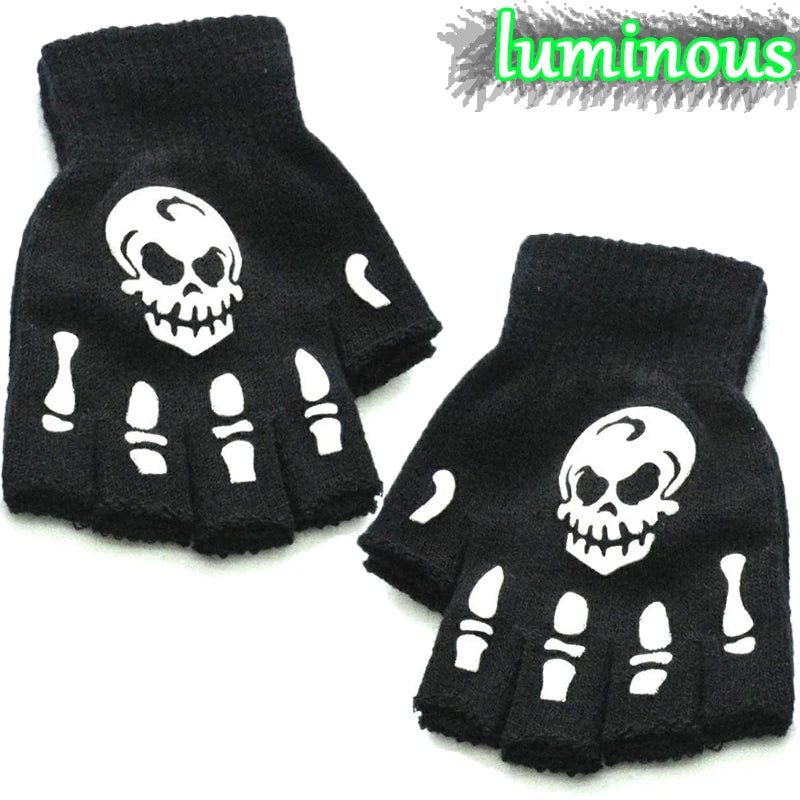 Unisex Halloween Skull Gloves Punk Luminous Glow in The Dark Skeleton Half Finger Glove Cosplay Non-slip Wrist Stretch Mittens Viralgem Store