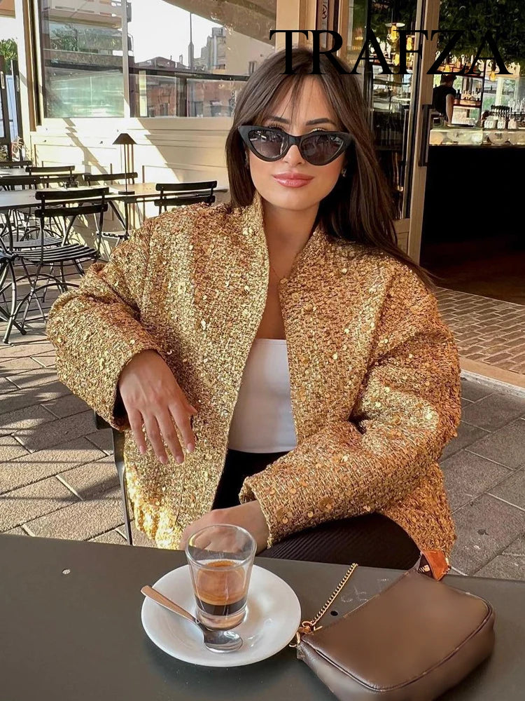 TRAFZA Women Trend Gold Sequin Decoration Loose Short Jacket Woman New Fashion Coat Versatile Warm Chic And Elegant Female Coats Viralgem Store