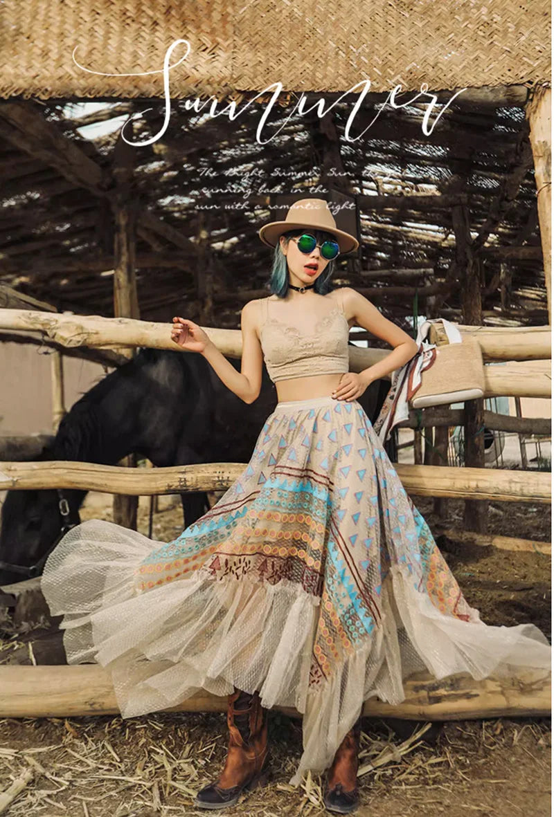 Women‘s Travel Holiday Wear Bohemian Colorful Embroidery Lace Ruffles Skirt Asymmetrical Hem Skirt Female Shiny Gold Mesh Skirts