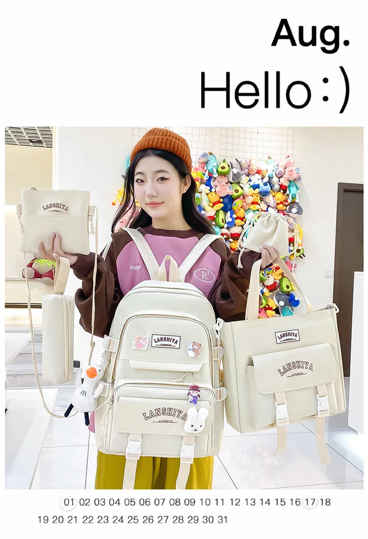 5-piece Set of Free Pendants Forest Style Korean Version Casual Harajuku Student Backpack for High School Girls Large Capacity Viralgem Store