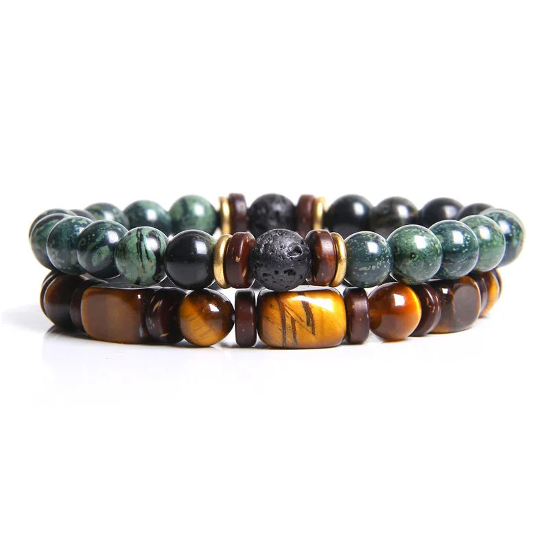 2 Chain Bracelets Friendship Jewelry Handmade Elastic Men Bangle Natural Tiger Eye Stone Beads Bracelet Unisex Pulsera Hombre Viralgem Store