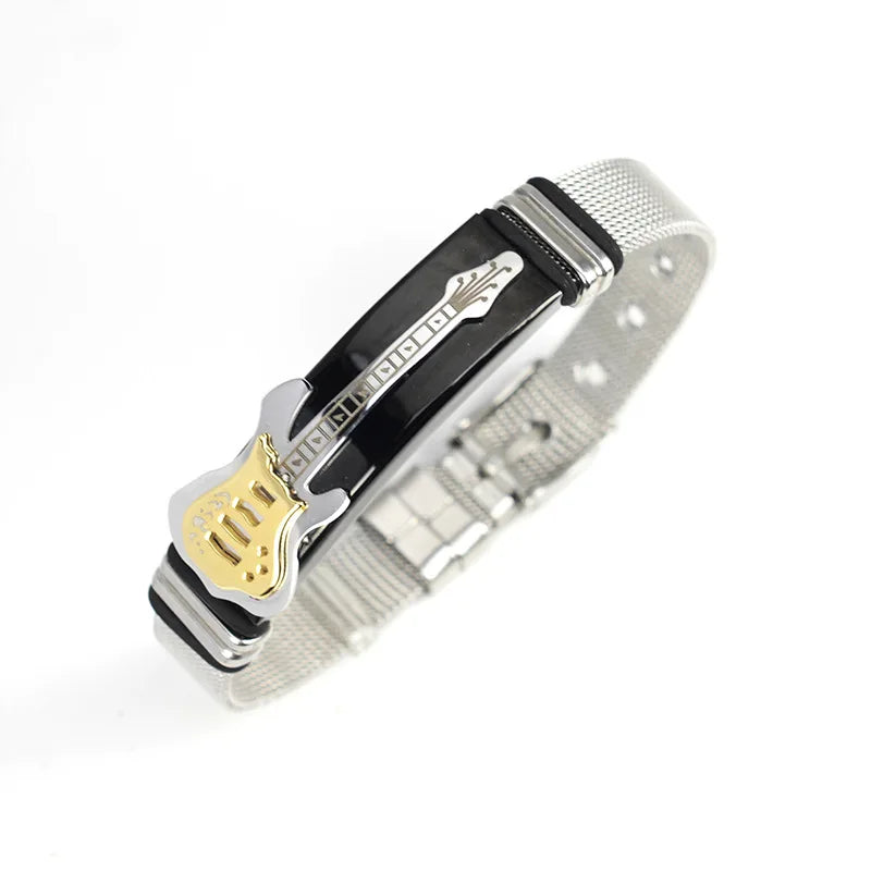 10mm Stainless Steel Guitar Bracelets Fashion Men's Bend Tag Adjustable Mesh Band Bangles Couple Music Party Jewelry Gift Viralgem Store