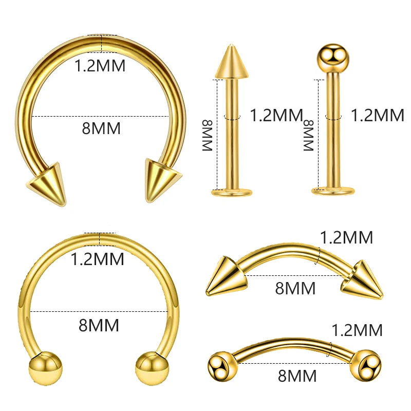 12PC Titanium Tragus Piercing Nose Earring Septum Labret Lip Ring Cartilage Industrial Tongue Barbells Eyebrow Body Jewelry