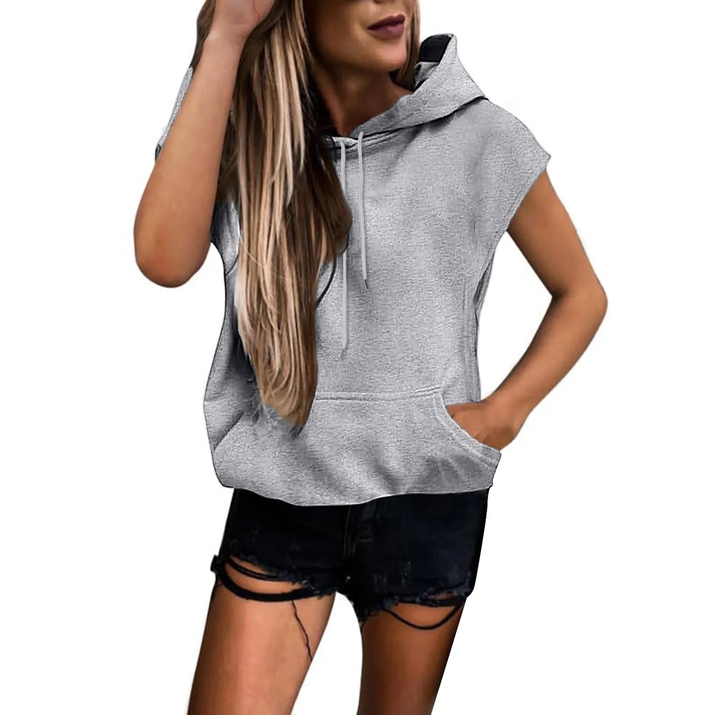 Women Hooded Hoodie Tanks Sleeveless Sweatshirt Short Sleeve Loose Pullover Solid Oversized Hip Hop Sportswear Harajuku Hoodies