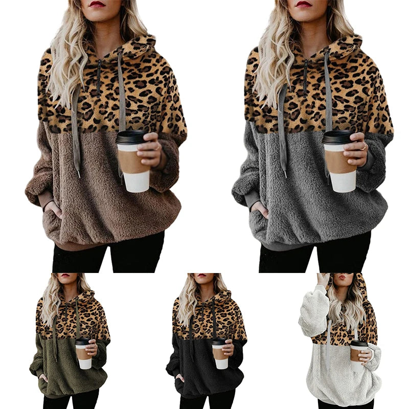 Women's Sweatshirt Autumn Winter American Style Leopard Montage Pocket Zipper Lint Thermal Hooded Sweatshirt