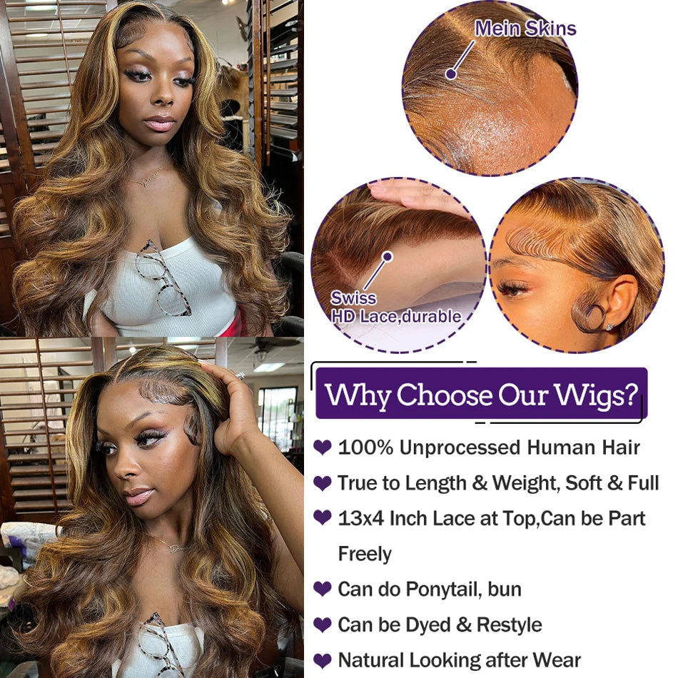 Wigirl 250% 30 32 Inch Highlight Ombre Body Wave Human Hair 13x4 Lace Front Wig 4/27 Colored 13x6 Lace Front  Wig For Women Viralgem Store