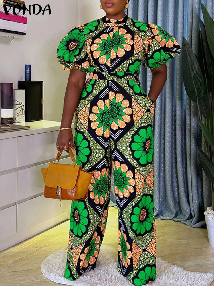 VONDA Women Jumpsuits Short Puff Sleeve Bohemian Print Playsuits 2025 Stand Collar High Waist Overalls Oversized Viralgem Store