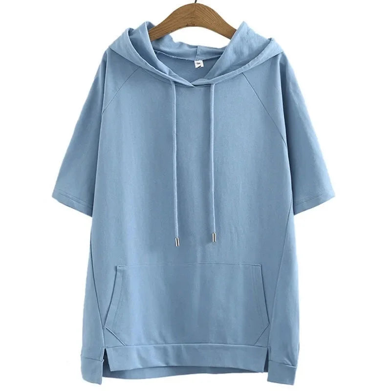 2023 Oversize 4XL Loose Sweatshirts Women Cotton Hoodies Summer Short-sleeves Thin Tees Female Casual Pullover Tops Outerwear