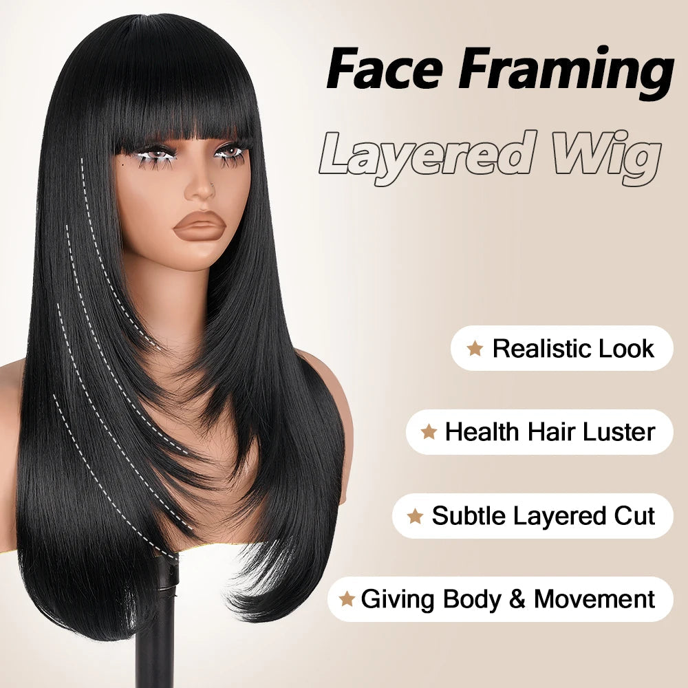 Straight Layered Cut Wigs with Bangs HD Lace Fake Scalp Synthetic Natural Layered Lace Wig For Women Glueless Heat Resistant Wig Viralgem Store