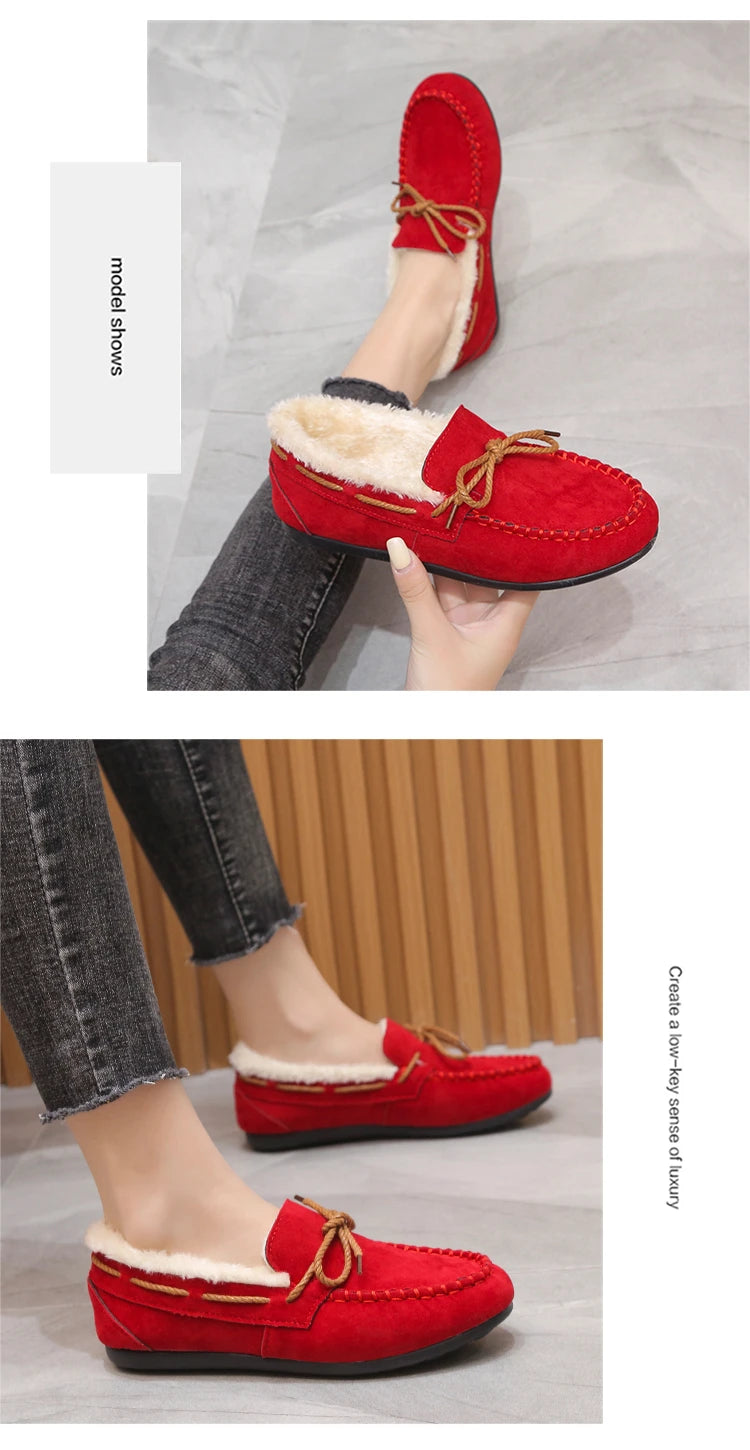 2023 autumn and winter new Doudou shoes women plus cashmere warm bow Korean version of casual shallow mouth flat lazy cotton sho