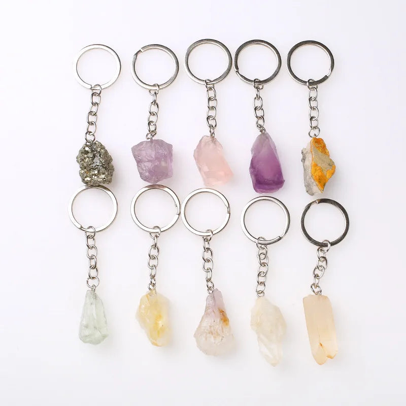 20pcs Natural Rough Raw Stone Crystal Quartzs Keychain Women Men Handbag Hangle Car Key Holder Raw Mineral Stone KeyRing Jewelry Viralgem Store