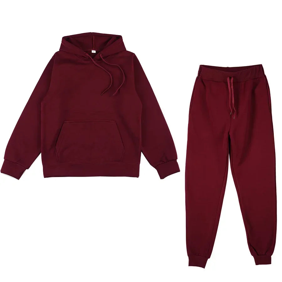 Women Tracksuit Solid Color Hooded Sport Suits Men Spring Warm Hoodies Casual Long Sleeve Sweatshirts Trousers Two Piece Sets