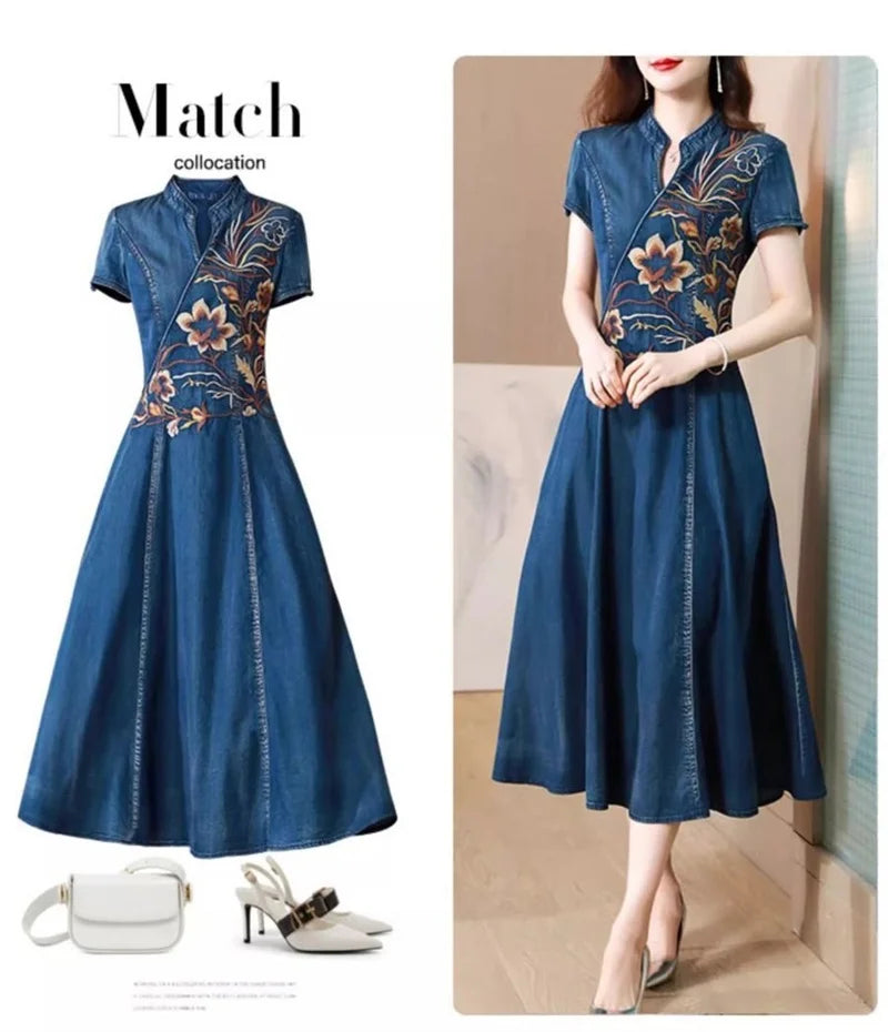 Summer New High End Embroidered Cowboy Dress Women's V-Neck Short Sleeved Temperament Jeans Long Dresses Female Denim Vestidos