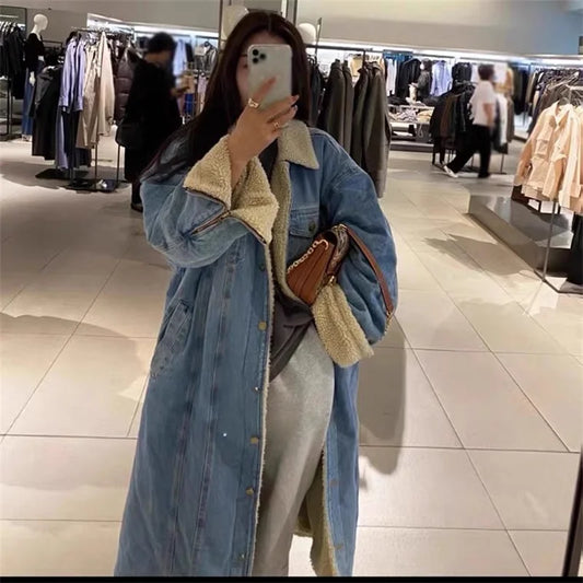 2023 Winter Lamb Wool Denim Coat Women Mid length Style Loose Temperament BF Slim and Thickened Warm Fried Street Cotton Coat