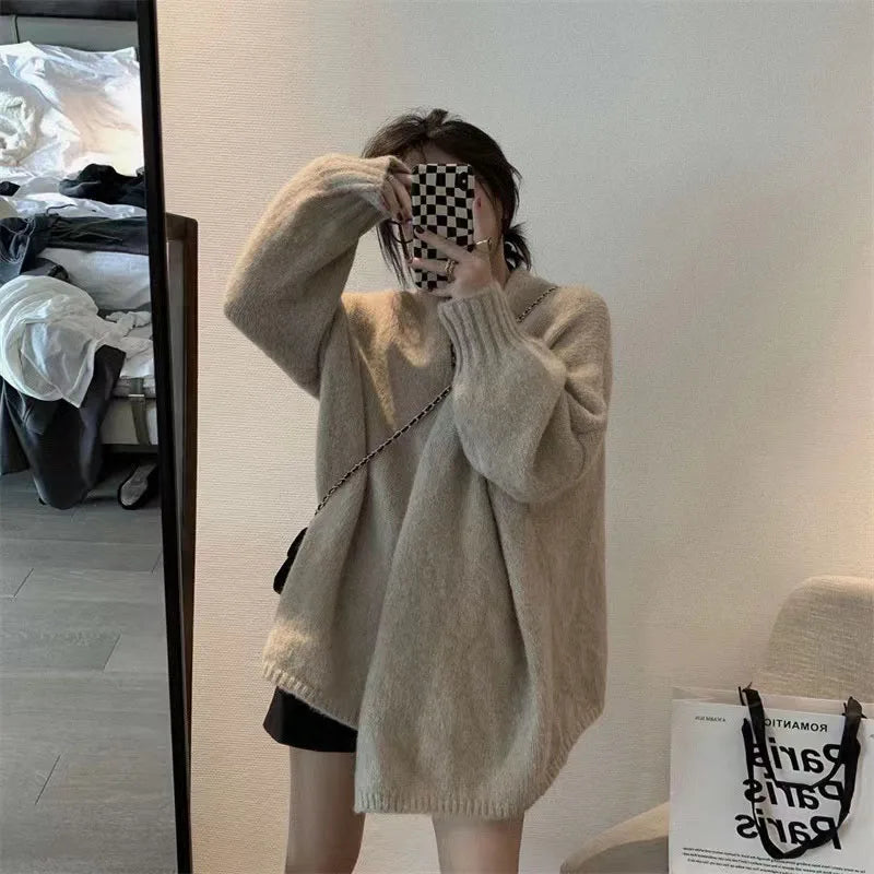 Zoki Autumn Winter Thicken Warm Women Cardigan Sweater Korean Lazy Wind Soft All Match Cardigans Tops Solid Loose Knitted Coats