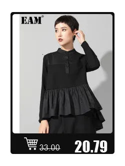 [EAM] Loose Fit Black Denim Big Size Sweatshirt New High Collar Long Sleeve Women Big Size Fashion Spring Autumn 2024 1K166