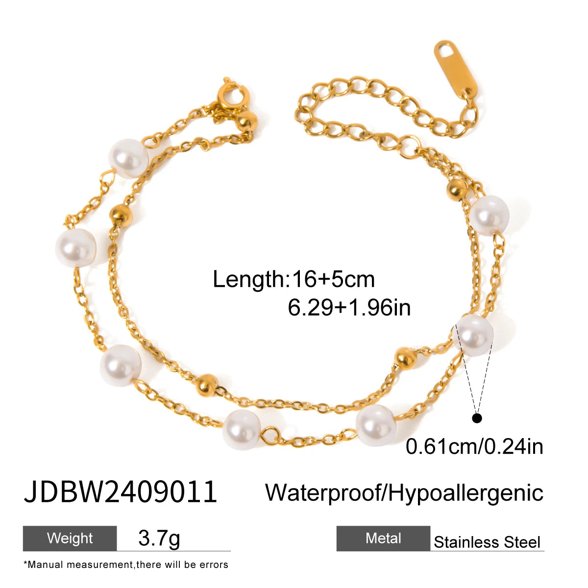 18K Gold Plated Bead Chain Irregular Shaped Glass Pearl Bracelet Chain Women Stainless Steel Rust Proof Anti Allergic Jewelry
