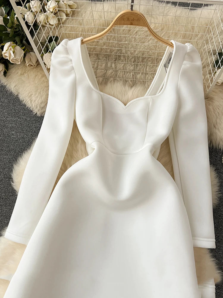 XFPV Female Dress Square Collar Solid Puff Sleeve Backless Bow High Waist Elegant Fashion Vestidos Spring Autumn2024 SM9457