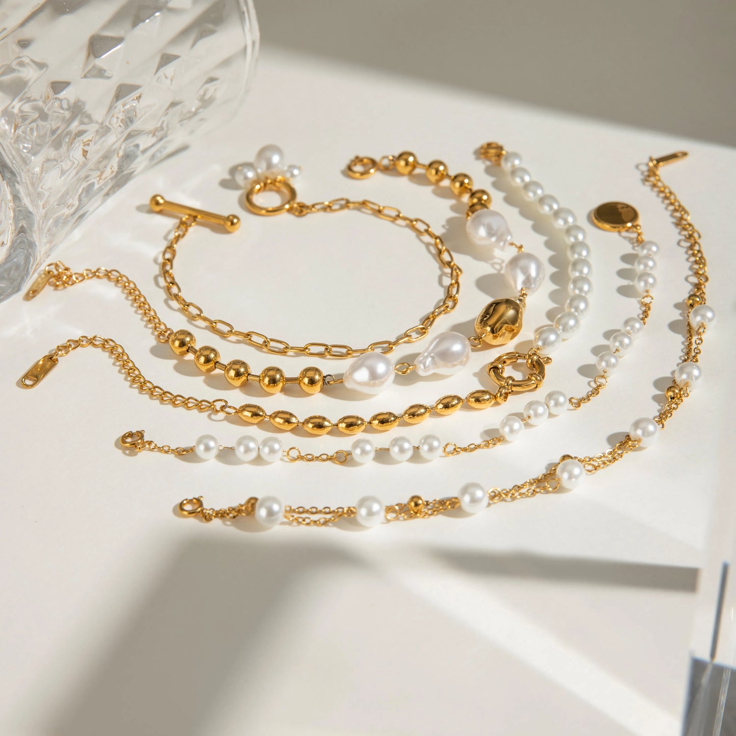 18K Gold Plated Bead Chain Irregular Shaped Glass Pearl Bracelet Chain Women Stainless Steel Rust Proof Anti Allergic Jewelry