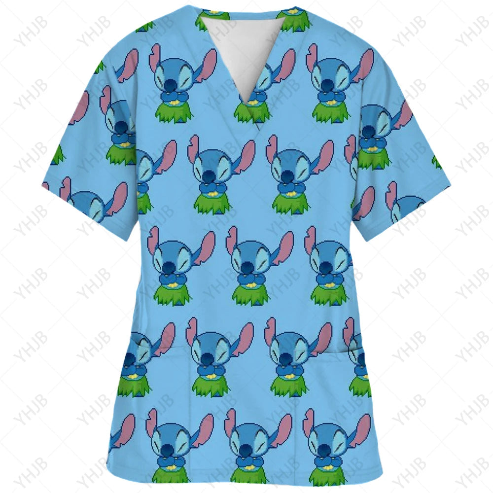 Top Women 2024 Minnie Mouse Tops Disney T Shirt Pocket T-shirts Hospital T-shirt Summer Nurse Uniform Woman Clothes Mickey Tees