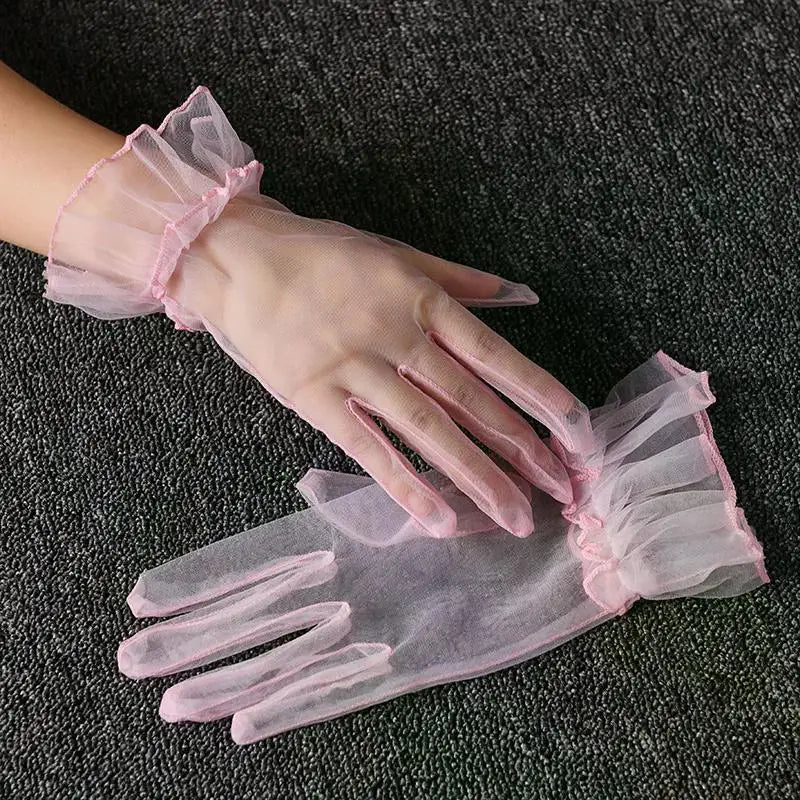 Women Short Tulle Gloves Sexy Lace Mittens Tulle Full Finger Gloves Lady Driving Glove Transparent Mittens Wedding Bridal Gloves